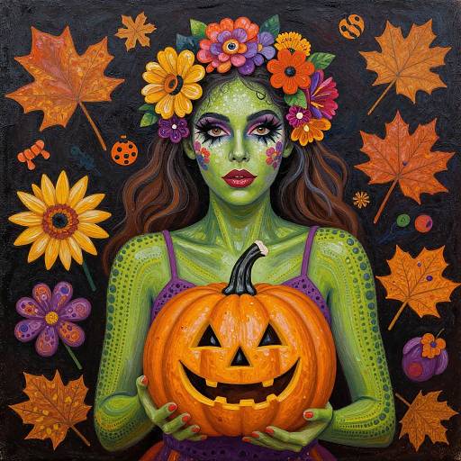 Digital painting of a green-skinned woman with floral headpiece, holding a carved pumpkin, surrounded by vibrant autumn leaves and flowers.