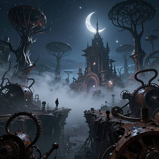 Digital artwork: Silhouetted figure stands on misty, steampunk-inspired cliff under crescent moon, surrounded by eerie, mechanical trees and