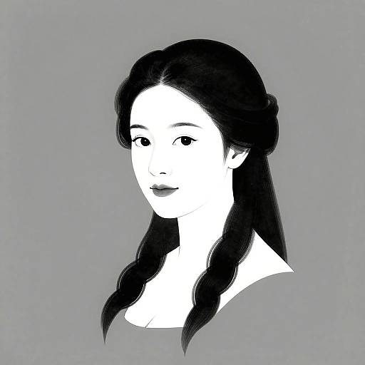 Monochrome digital drawing of an Asian woman with long black hair, simple expression, white and black contrast, grey background.