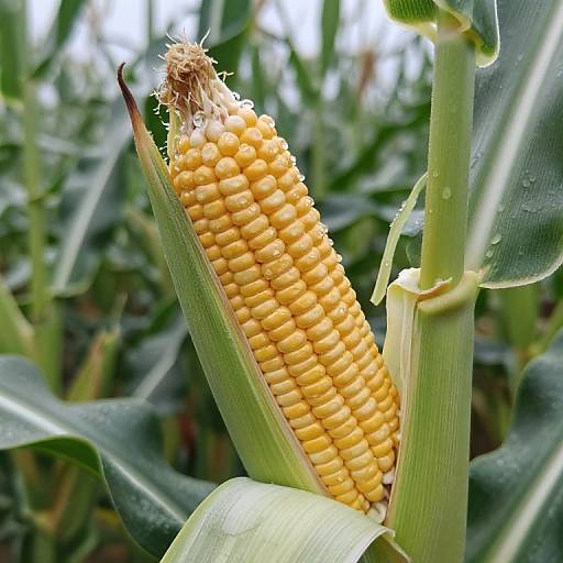 Photograph of a ripe, yellow corn with tightly packed kernels and a tassel, surrounded by green leaves in a cornfield.