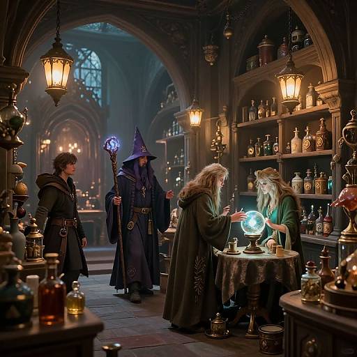 Photograph-style digital artwork of four medieval wizards in dimly lit, arched library with shelves of glowing bottles and lanterns.