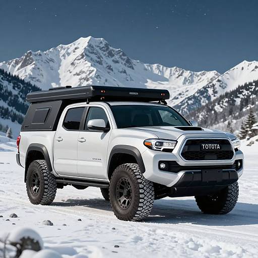 Photograph of a white Toyota SUV with black roof rack, large off-road tires, parked in snowy mountain landscape with snow-covered peaks.