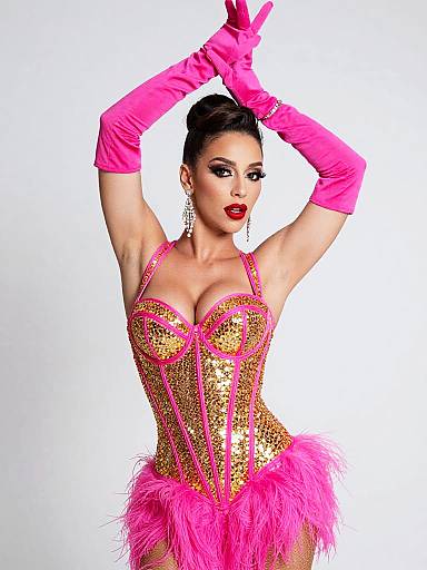 Photograph of a glamorous woman in a gold sequin corset with pink feathers, pink gloves, and earrings, posing against a white background.