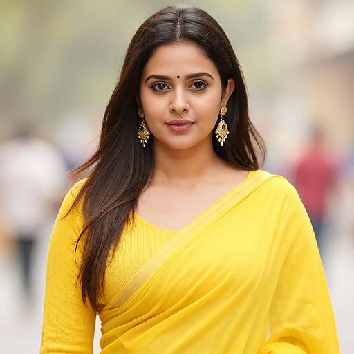 Photograph of an Indian woman with long dark hair, wearing a bright yellow saree, gold earrings, and a bindi, standing outdoors with a