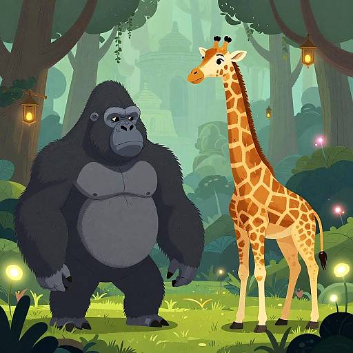 Gorilla vs Giraffe in Mythical Forest