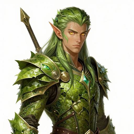 Digital artwork of a fierce, green-haired elf with glowing yellow eyes, wearing ornate, green armored plates with gold accents and a sword on his back