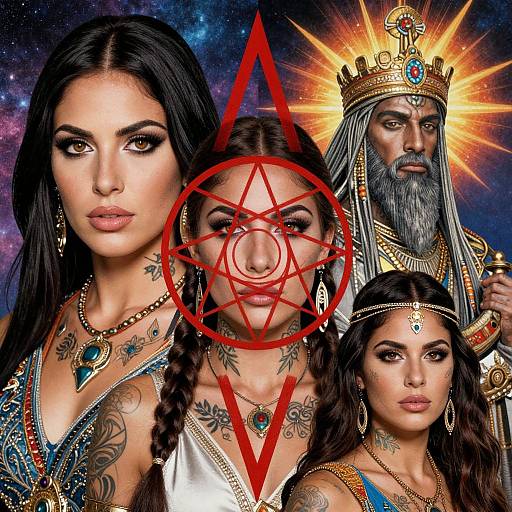 Photograph-like digital artwork of three tattooed women with dark hair, adorned in gold jewelry, and an ancient bearded man in a radiant crown,