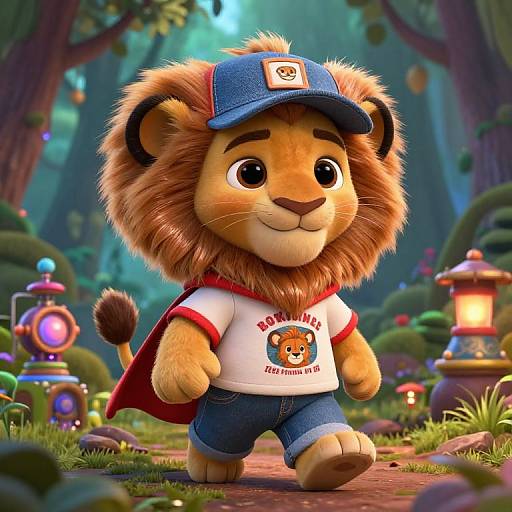 Cute, CGI lion cub in blue cap, white 