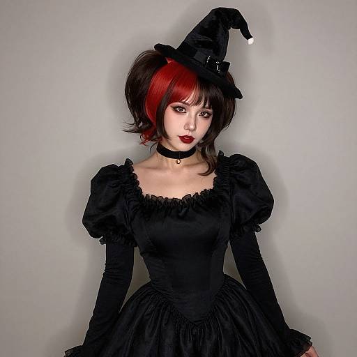 Photograph of a pale-skinned woman with red and black hair, wearing a black witch hat, choker, and Victorian-style black dress, against