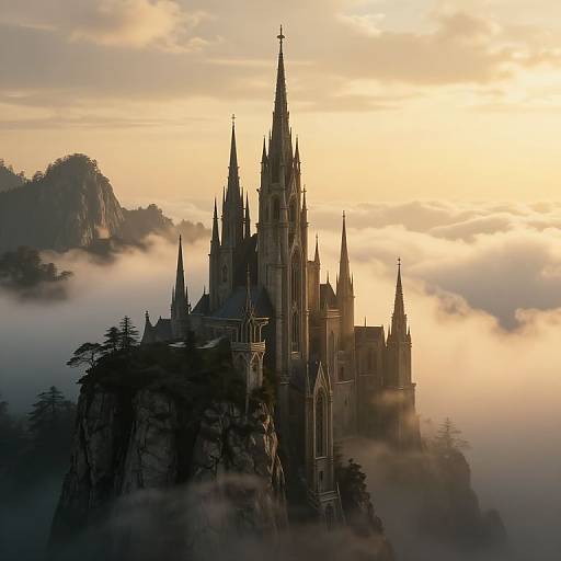 Photograph of a Gothic-style castle silhouetted against a golden sunset, surrounded by mist and towering trees, with rocky cliffs in the background.
