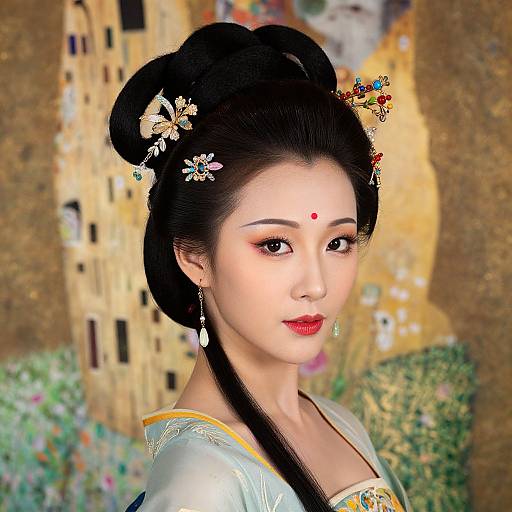 Digital art of an Asian woman with black hair in an updo, adorned with floral hairpins, wearing traditional attire, red dot on forehead, against