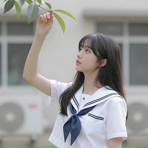 Asian Schoolgirl in Sailor Uniform Touching Leaves