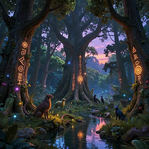 Fantastical forest scene: glowing runes on massive trees, luminescent creatures, twilight sky, reflective stream, enchanted forest, vivid colors, mystical