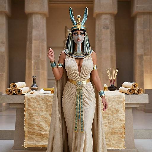 Photorealistic CGI of an Egyptian queen with dark skin, blue and gold headdress, revealing beige dress, standing in a temple with rolled scrolls and