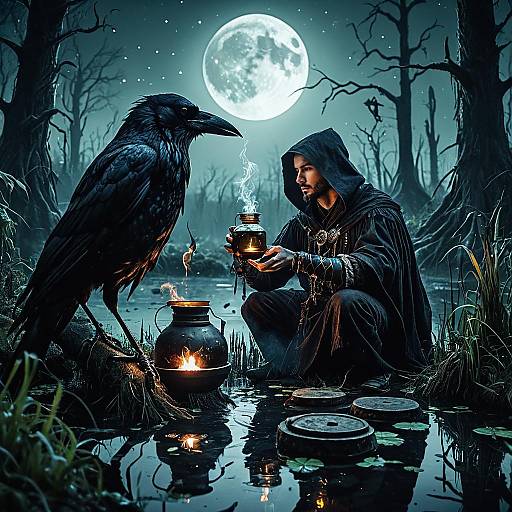 Crow Necromancer Brewing Potion in Moonlit Swamp