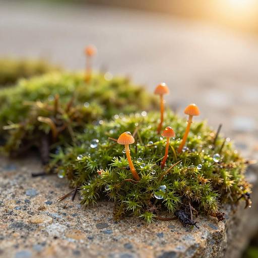 Vibrant Macro of Moss and Mushrooms