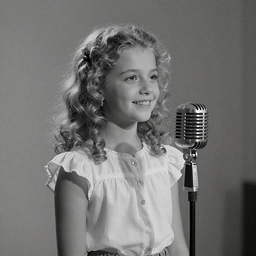 Young Girl Singing with Vintage Microphone