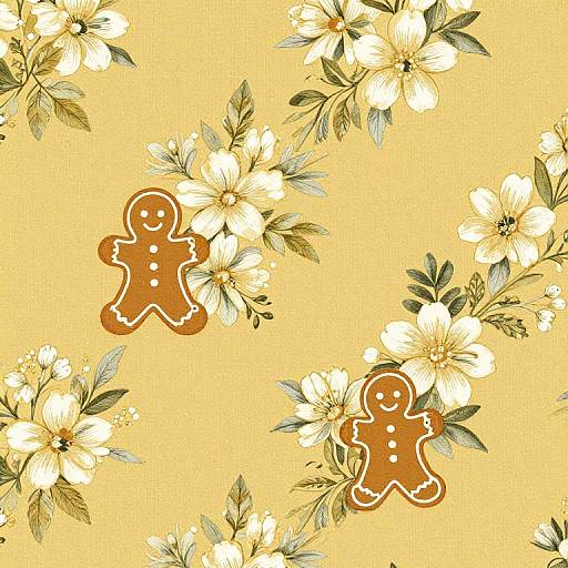 Seamless pattern of brown gingerbread men with white icing accents, surrounded by white and yellow flowers with green leaves on a yellow background. Digital illustration