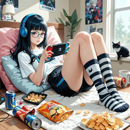 Gaming Girl with Cat and Snacks