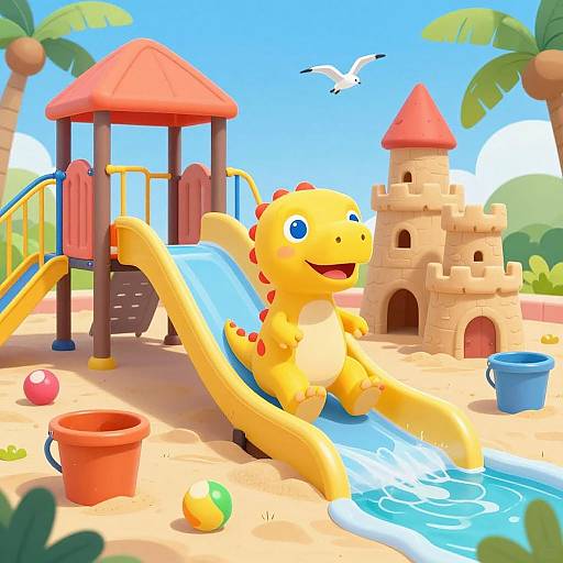 Colorful digital illustration of a cheerful yellow dinosaur slide, red-roofed playground, sandcastle, palm trees, seagull, and toys on
