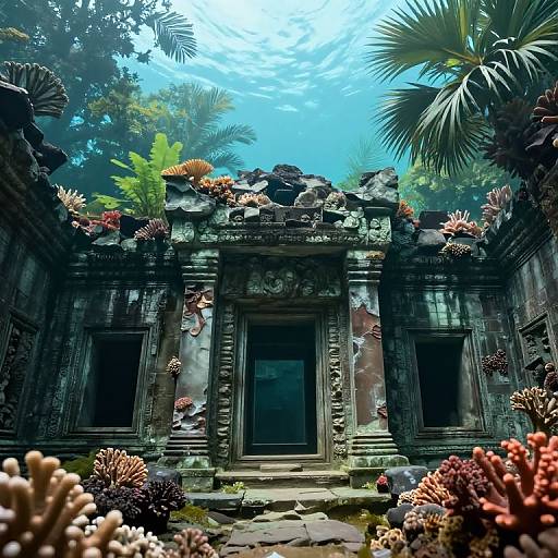 Photograph of an ancient, overgrown jungle temple with dark, moss-covered stone walls, colorful coral and plants, and a bright blue sky above.