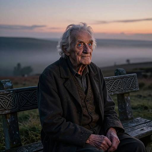 Photograph of an elderly man with white hair, wrinkled face, wearing a dark jacket, sitting on an ornate wooden bench at sunrise. Mist