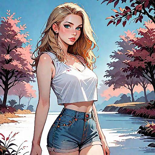 Blonde Woman in White Crop Top and Denim Shorts Outdoors