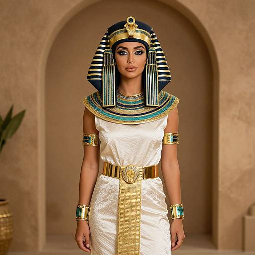 Photograph of a woman in an Egyptian-style white dress, striped blue and black Nemes headdress, gold jewelry, and ornate belt, standing