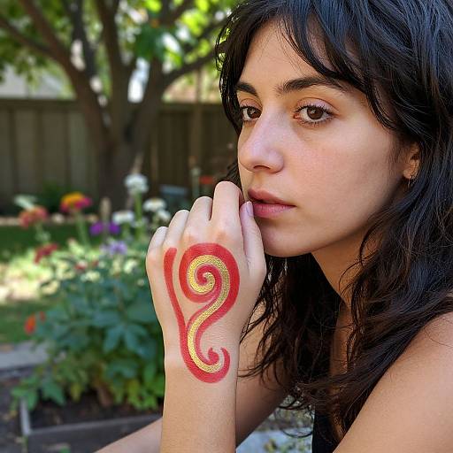 Photograph of a young woman with dark, wavy hair and olive skin, showcasing a red and gold henna spiral on her right hand, set