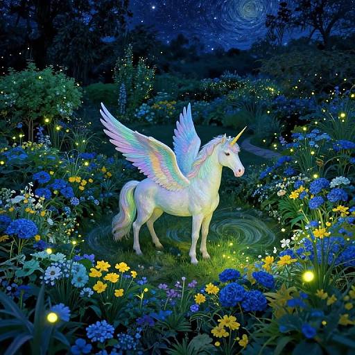 Digital painting of a radiant, white-winged unicorn with a glowing horn, standing amidst a vibrant, moonlit garden filled with blue and yellow flowers,