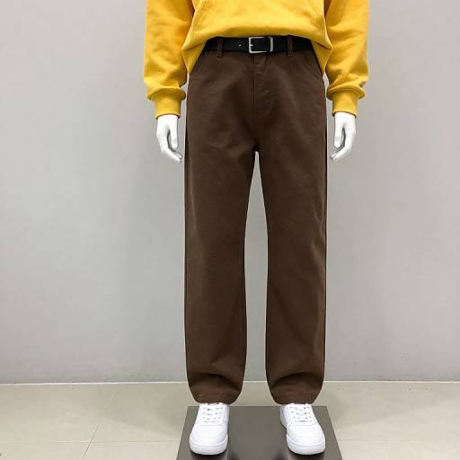 Photograph of a mannequin wearing a yellow sweater, brown pants, black belt, and white sneakers, standing against a plain gray wall.