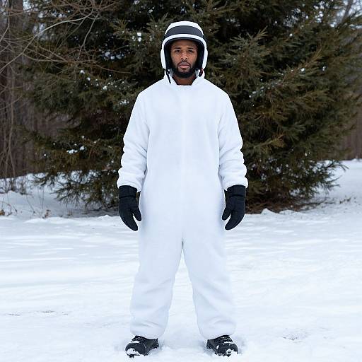 Photograph of a Black man with a beard standing in snowy landscape, wearing a full white snowsuit, black gloves, and black snow hat, with