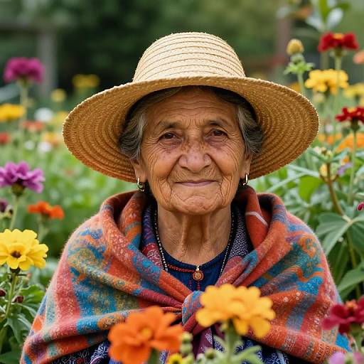 Photograph of an elderly woman with wrinkled skin, wearing a straw hat and colorful blanket, surrounded by vibrant flowers.