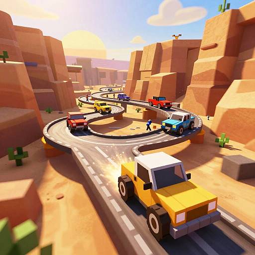 Pixel art of a desert canyon road with multiple colorful vehicles, including a yellow truck, blue car, red bus, and green truck, navigating a winding