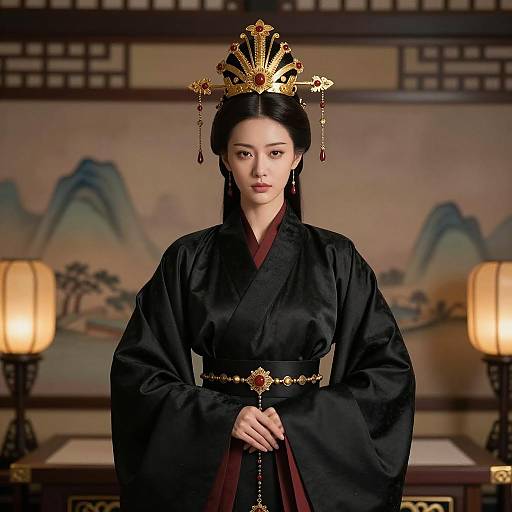 Asian Woman in Traditional Chinese Black Silk Robe