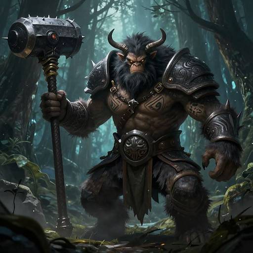 Digital art of a muscular, black-furred minotaur with horns, wielding a spiked war hammer in a dark, misty forest. Wears