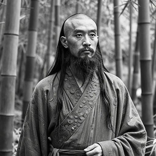 Black-and-white photograph of a bald, bearded East Asian man with long hair, wearing an intricate, patterned kimono, standing in a bamboo
