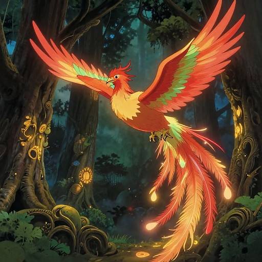 Vibrant digital illustration of a red, green, and yellow phoenix with glowing feathers soaring through a mystical, dark forest with glowing mushrooms and twisted trees
