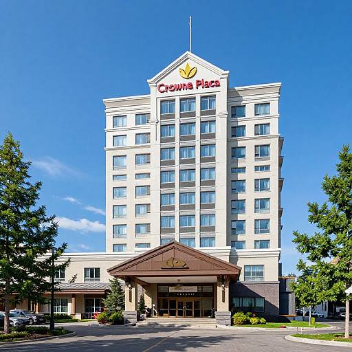 Photograph of a bright white, 12-story hotel named 
