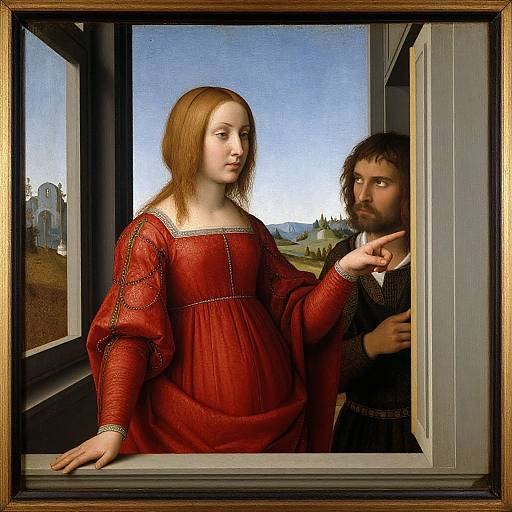 Renaissance painting of a fair-skinned, red-haired woman in a red dress, gesturing to a dark-haired man in a black shirt,