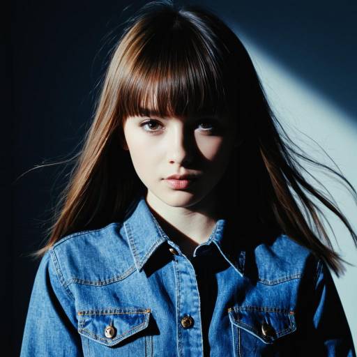 Young Woman with Bangs in Denim Shirt