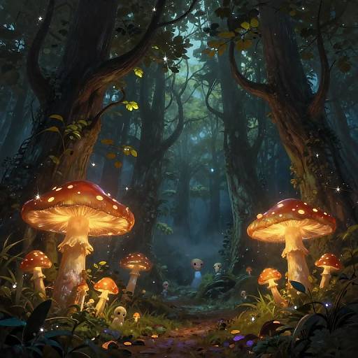 Whimsical digital artwork of a mystical forest with glowing, red-spotted mushrooms, twinkling fairy lights, and a small, curious fairy at the