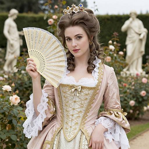 Photograph of a fair-skinned woman with curly brown hair, wearing an ornate, pink and gold 18th-century dress, holding a lace
