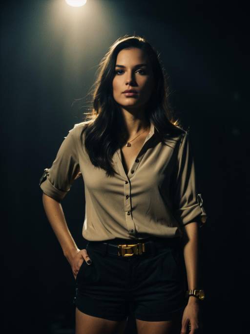 Casual Chic Woman in Taupe Blouse and Black Shorts