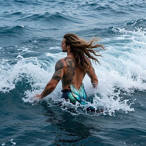 Photograph of a tattooed, long-haired man with a mermaid tail, swimming in ocean waves, back view, water splashing around.