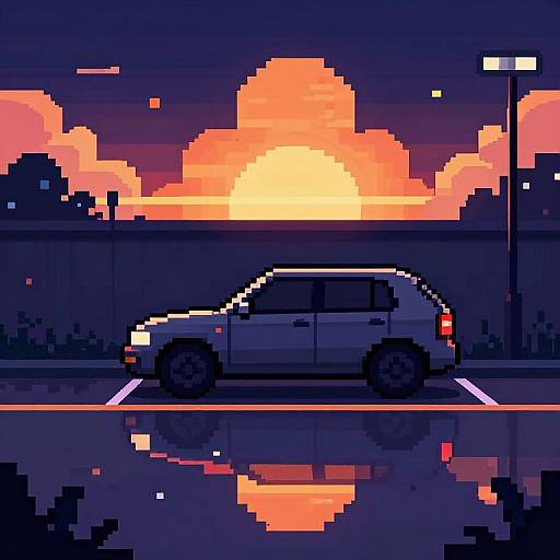 Pixel art of a gray car in a dark parking lot at sunset, with a vibrant orange and pink sky, reflecting on wet pavement.