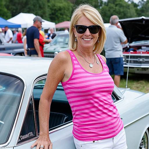 Smiling Blonde Woman at Car Show
