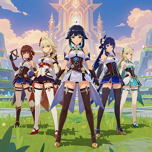 Anime-style digital artwork of five female characters in detailed fantasy outfits, standing in front of a colorful, castle-like background.