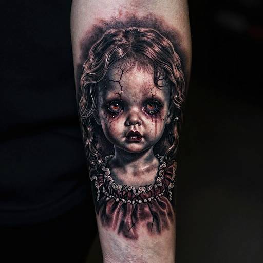 Realistic black-and-gray tattoo of a creepy, cracked-skinned, wide-eyed girl with curly hair, wearing a dark, ornate necklace, on