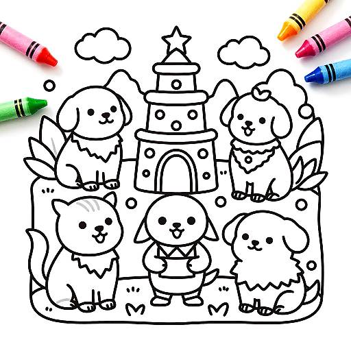 Cute black-and-white line drawing of nine cartoon dogs wearing chef hats, surrounded by colorful crayon tips in the corners.